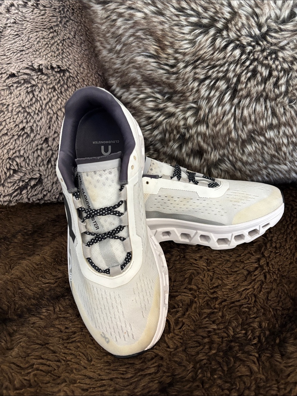 On Cloudmonster running Men's 8.5 Running Shoes — White with Black